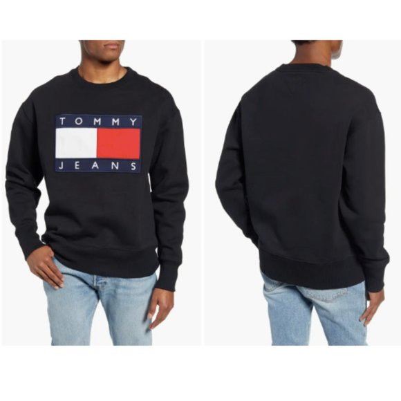Tommy Hilfiger Tommy Jeans Sweatshirt Crewneck Flag Logo Applique Black Large - Picture 11 of 17